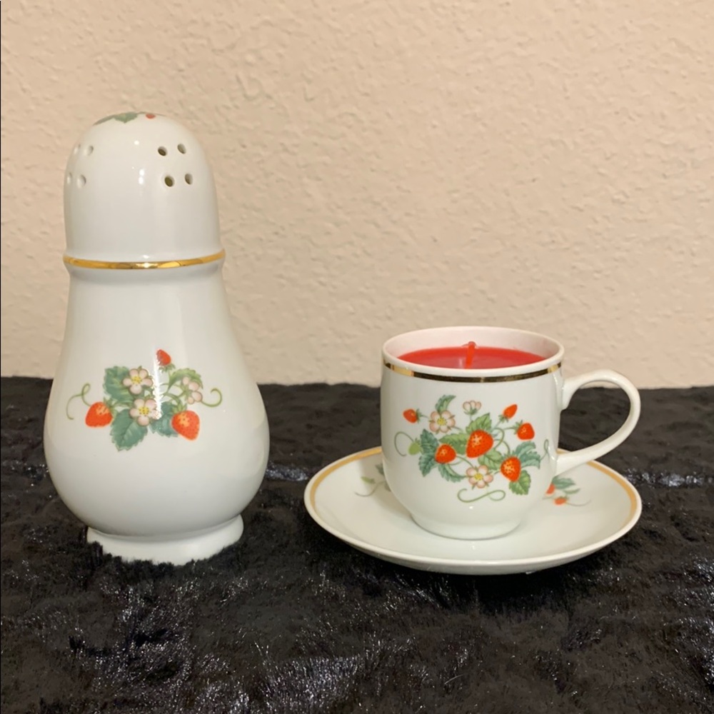 Vintage Avon Strawberry Porcelain Collection Shaker & Demi-Cup Candle w/Saucer